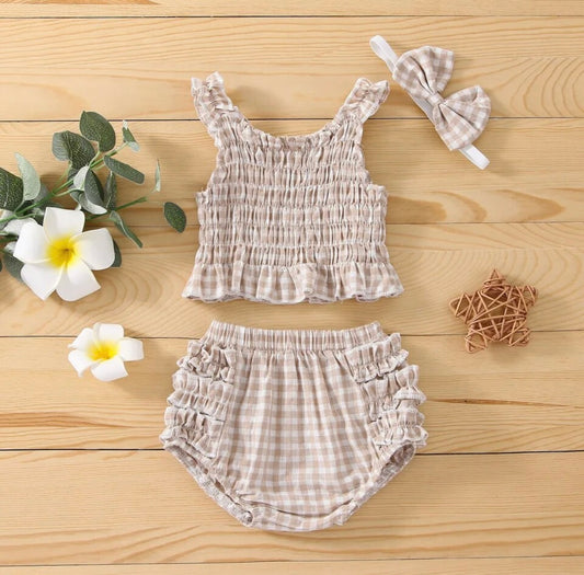 3-piece Plaid Sleeveless Ruffle Top & Shorts