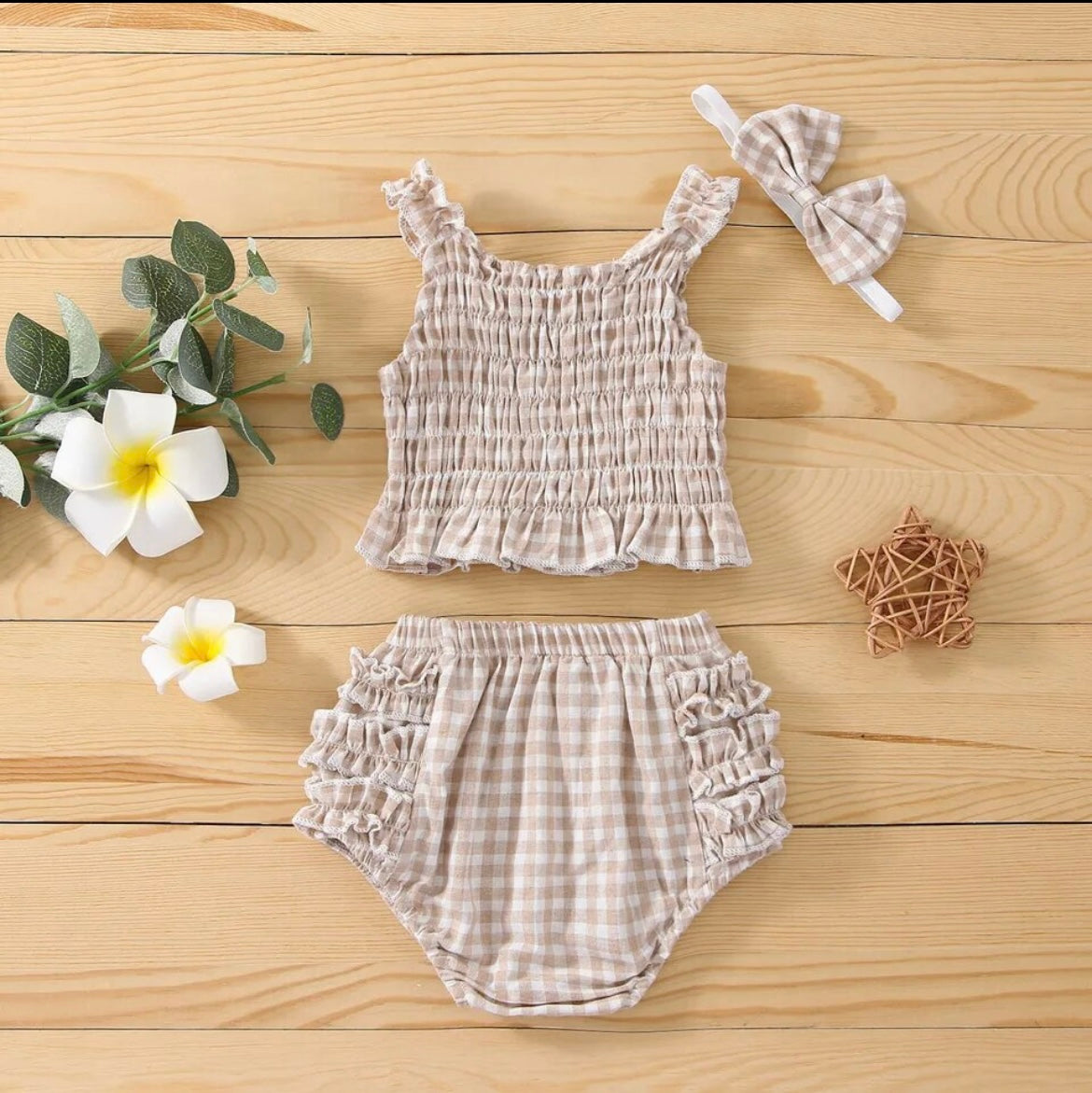 3-piece Plaid Sleeveless Ruffle Top & Shorts