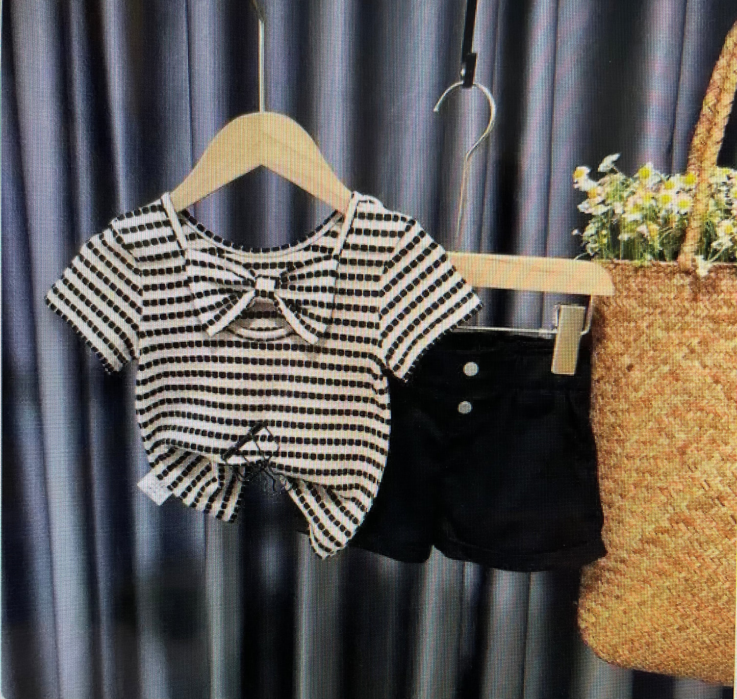 Girl Summer Black Shorts & White Top with Stripes