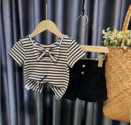 Girl Summer Black Shorts & White Top with Stripes