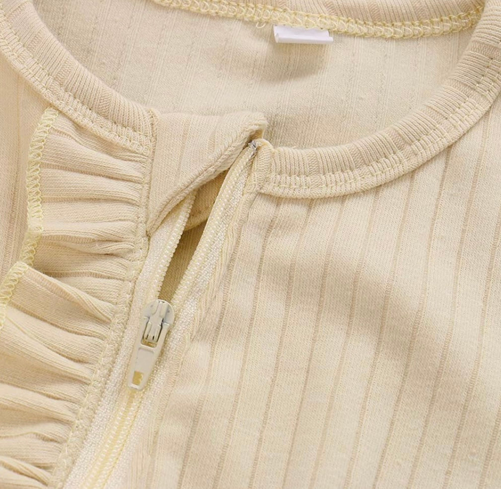 Baby Girl Ribbed Cream Ruffle Sleeper with Zipper