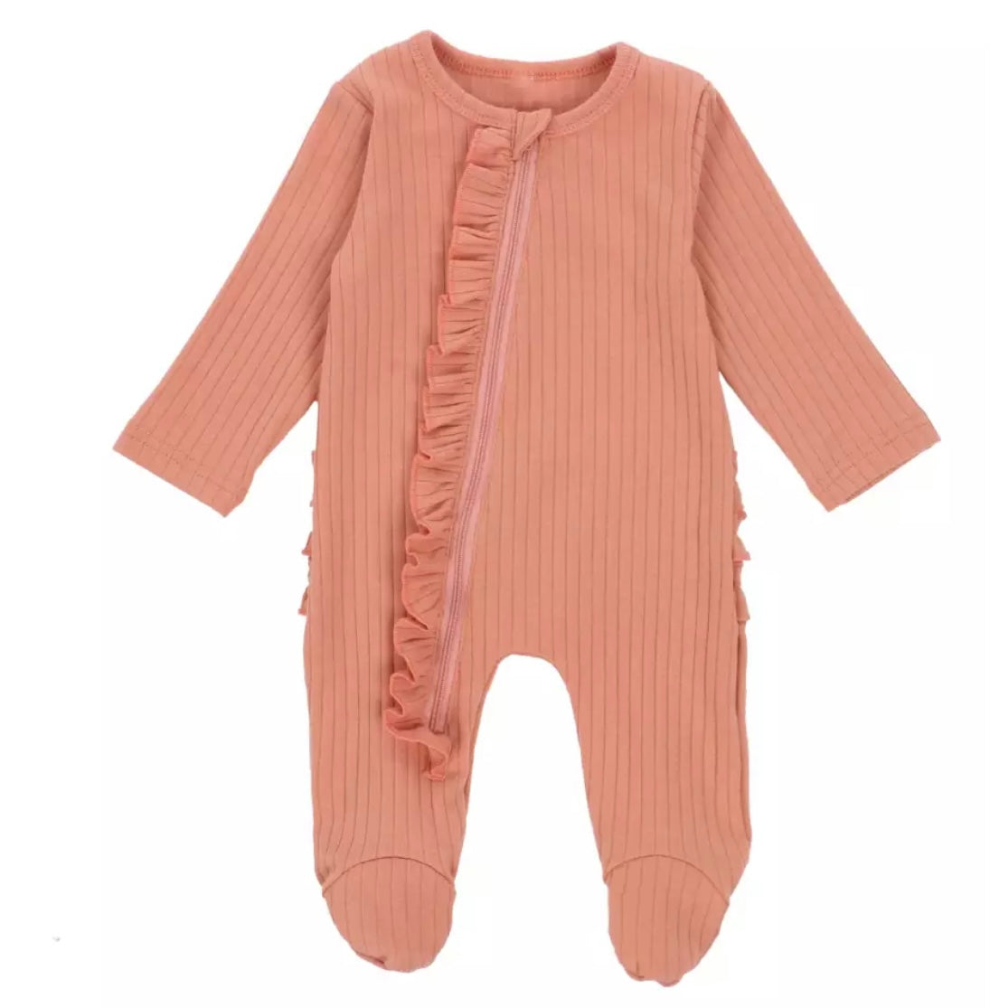 Baby Girl Ribbed Peach Ruffle Sleeper with Zipper