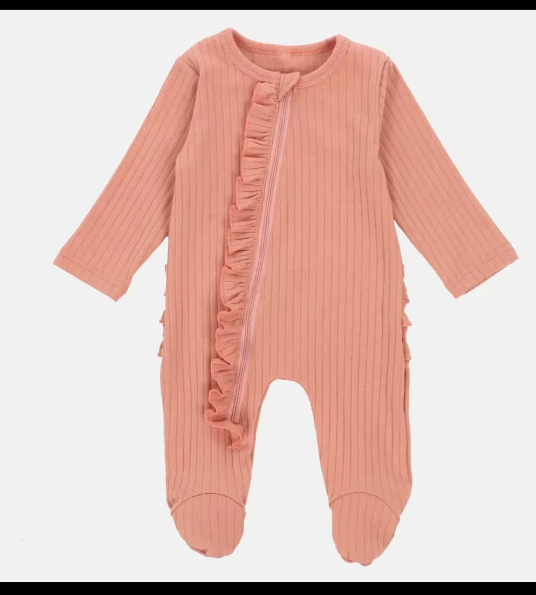 Baby Girl Ribbed Peach Ruffle Sleeper with Zipper