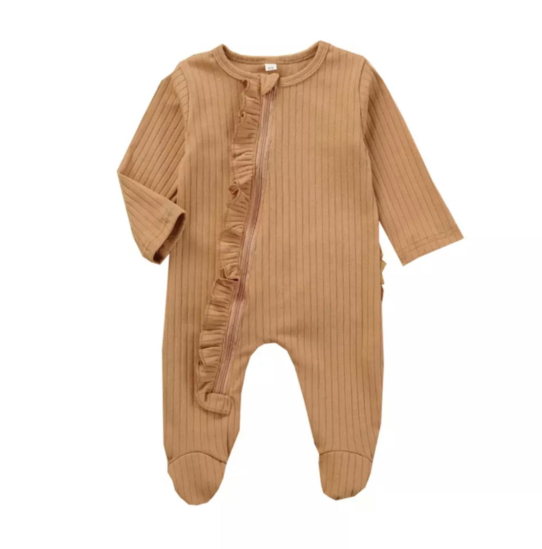 Baby Girl Tan Ribbed Ruffle Sleeper with zipper