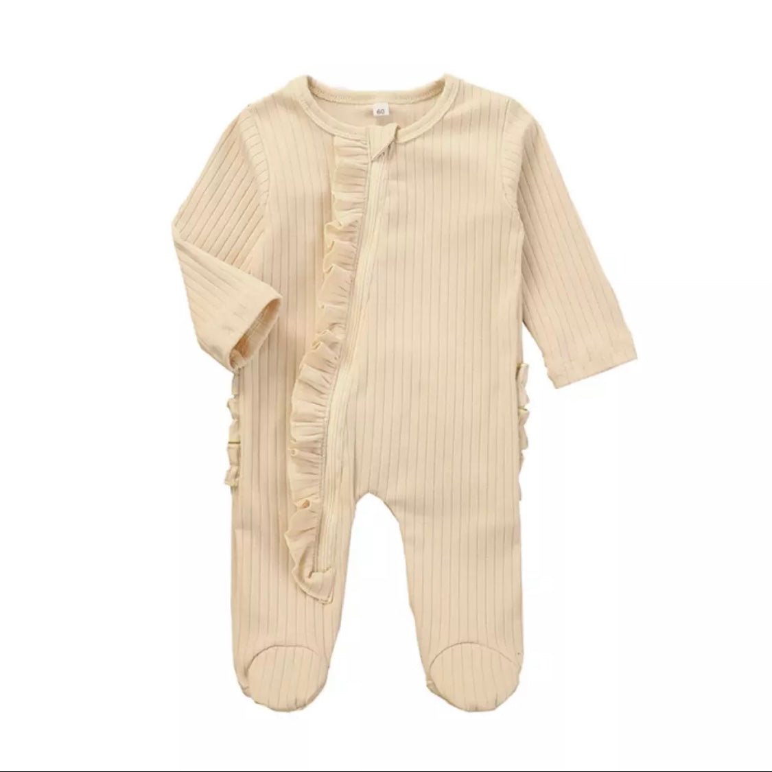 Baby Girl Ribbed Cream Ruffle Sleeper with Zipper