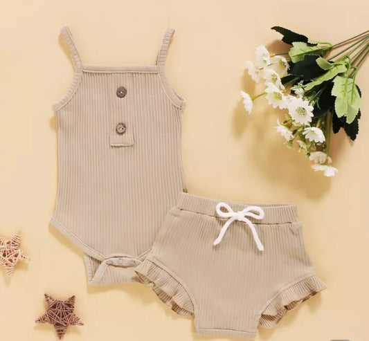 Cream Sleeveless Ribbed Bodysuit & Shorts Set