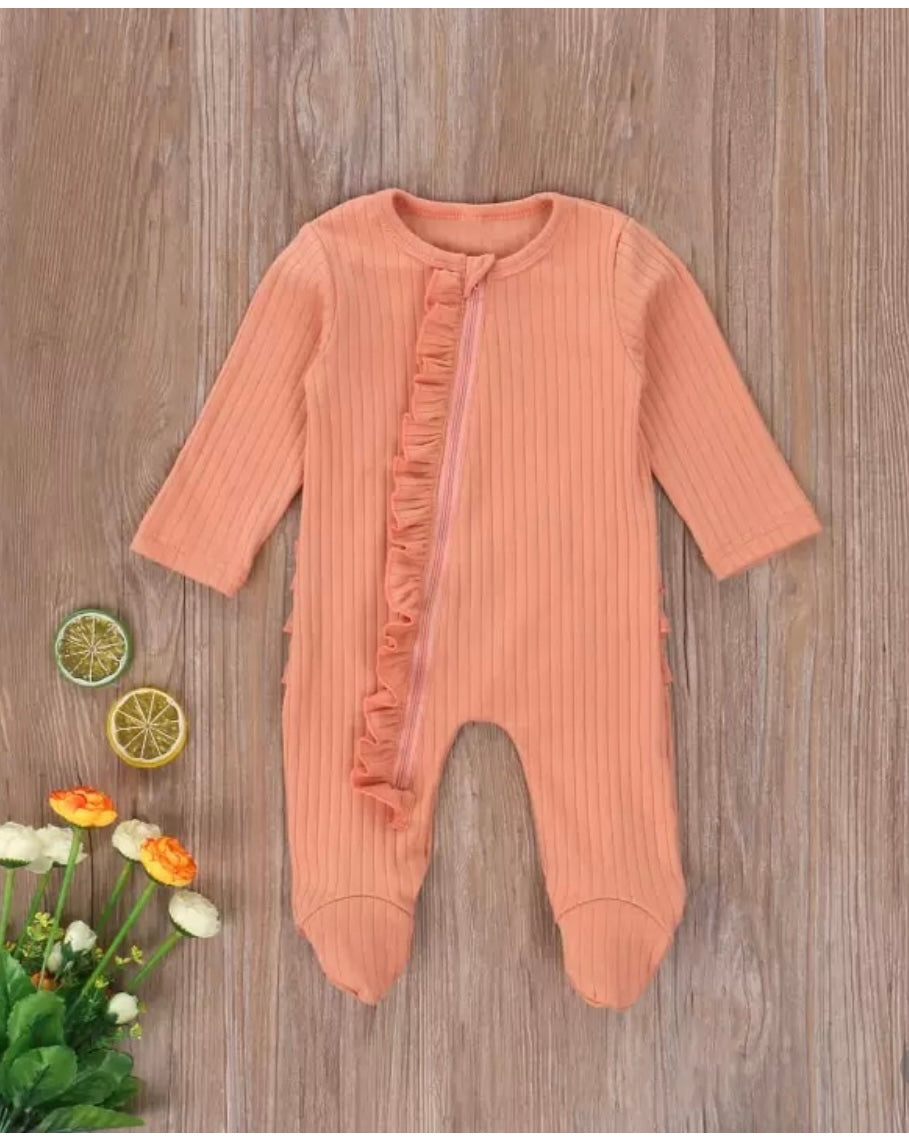 Baby Girl Ribbed Peach Ruffle Sleeper with Zipper