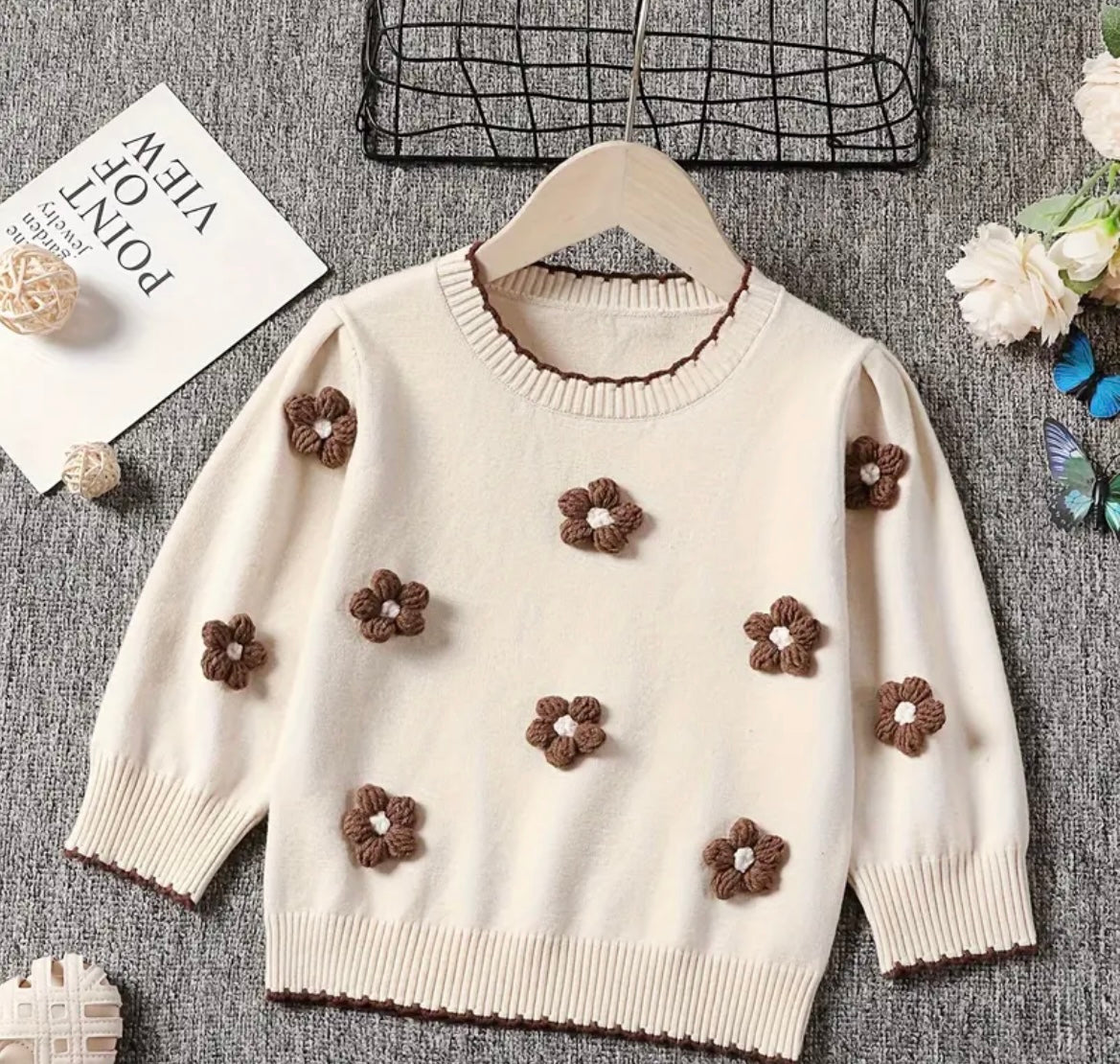 Flower Decor Scalloped Trim Knit Sweater for Girls