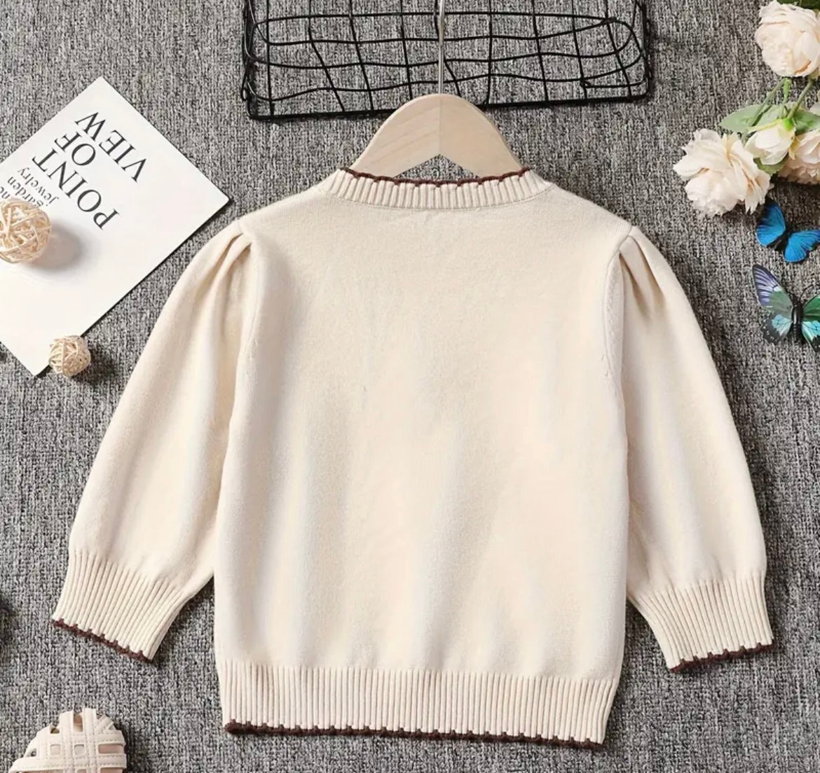 Flower Decor Scalloped Trim Knit Sweater for Girls