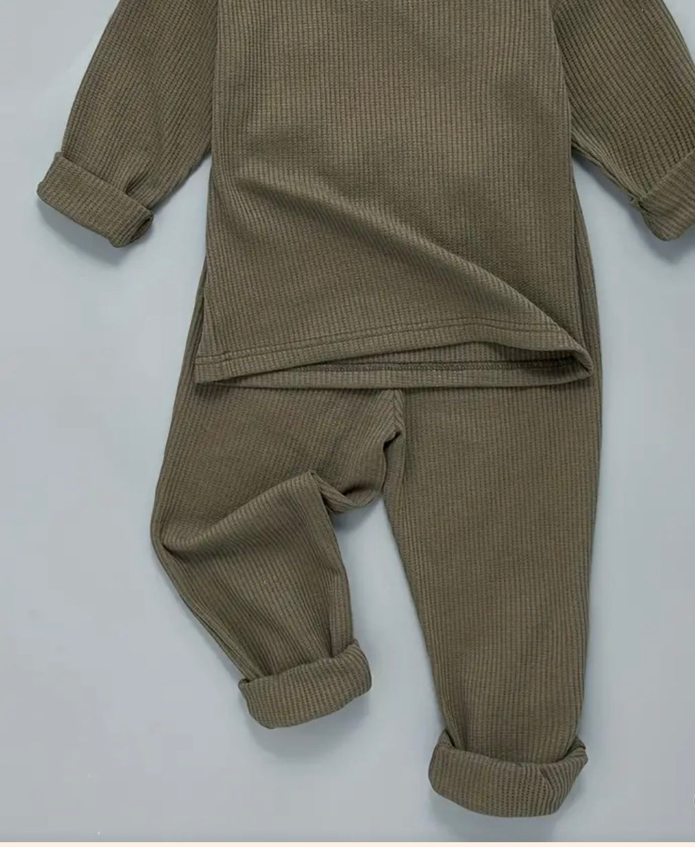 Boys Army Green Waffle Outfit