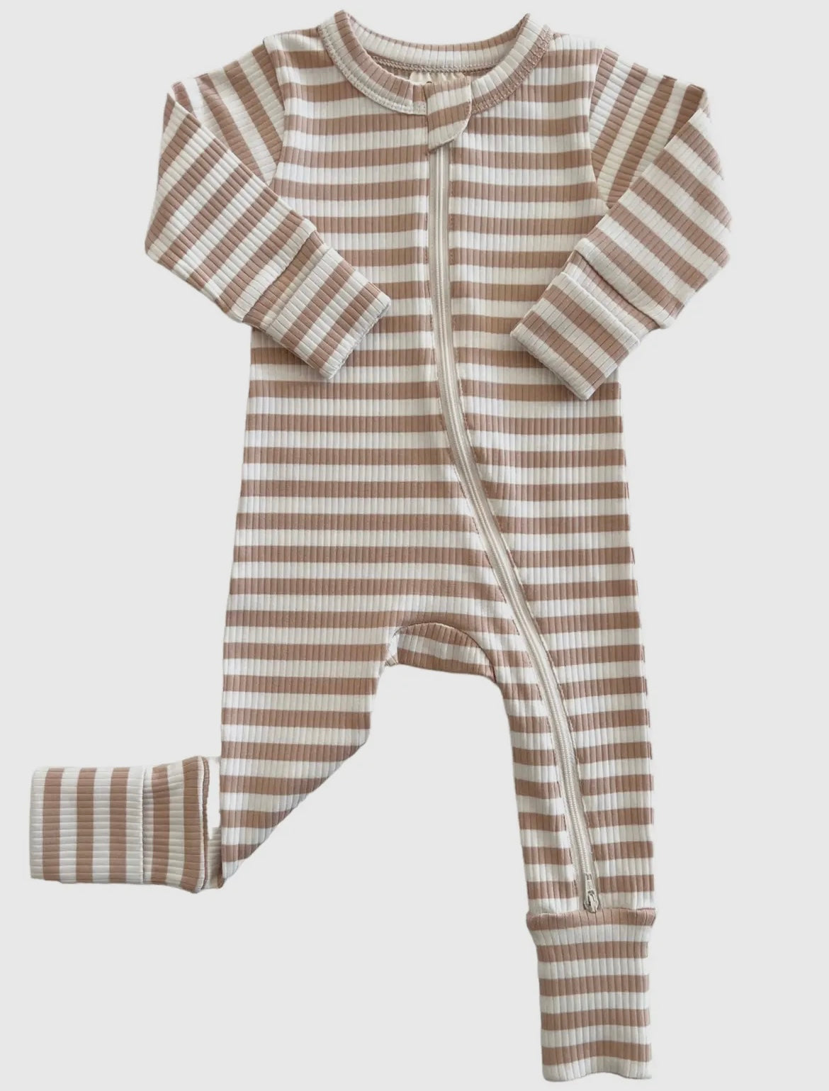 Tan Stripe Ribbed Zip Romper