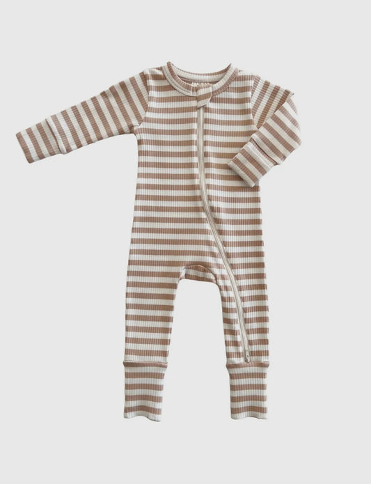 Tan Stripe Ribbed Zip Romper