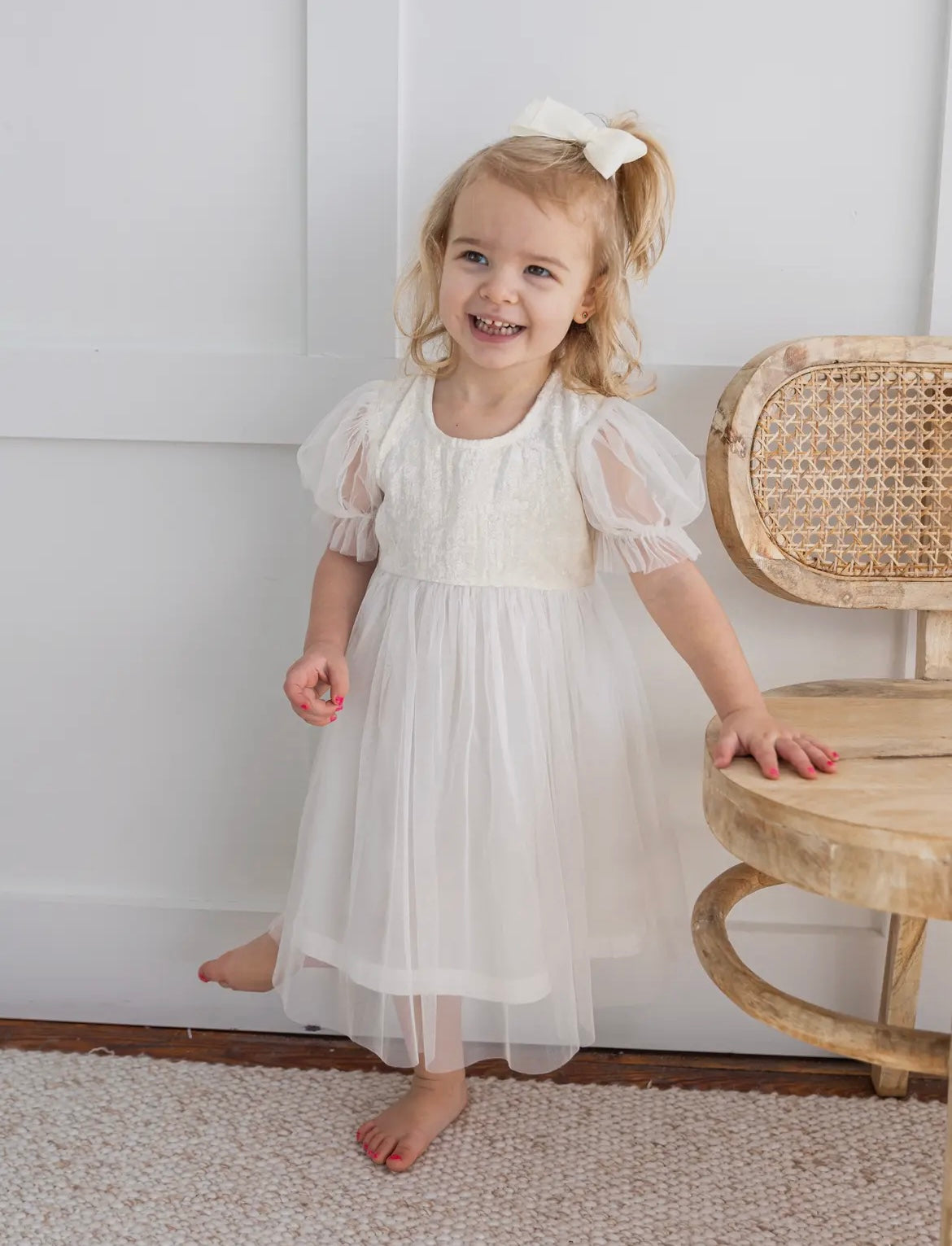 White Tulle & Velvet Puff Sleeves Gathered Dress