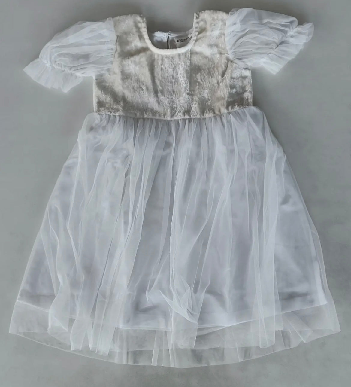 White Tulle & Velvet Puff Sleeves Gathered Dress