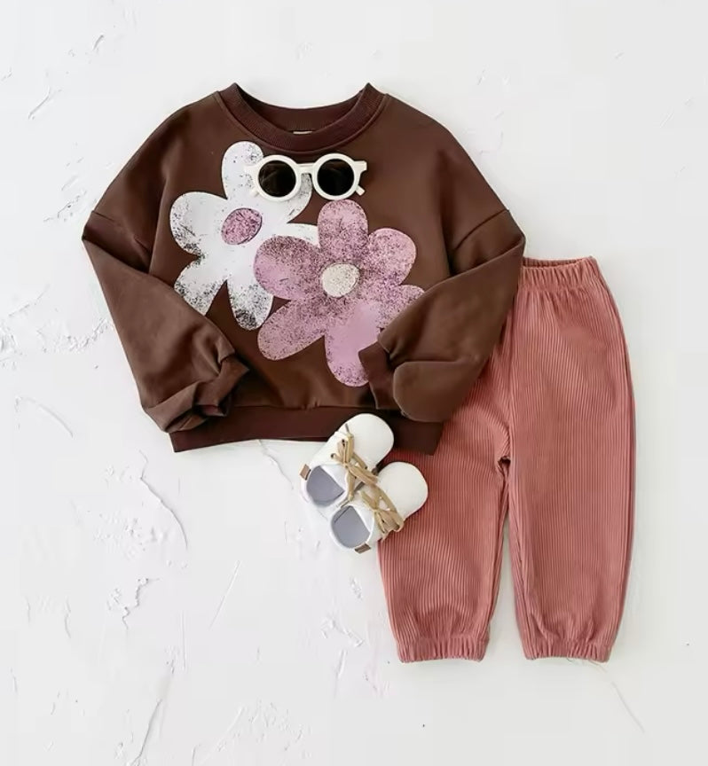 Toddler Flower Pullover Top and Mauve Corduroy Set