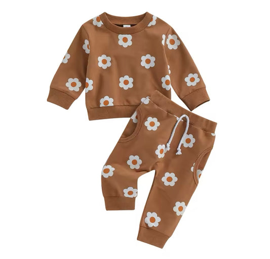 Girls Rust Floral Sweatshirt and Pant Set