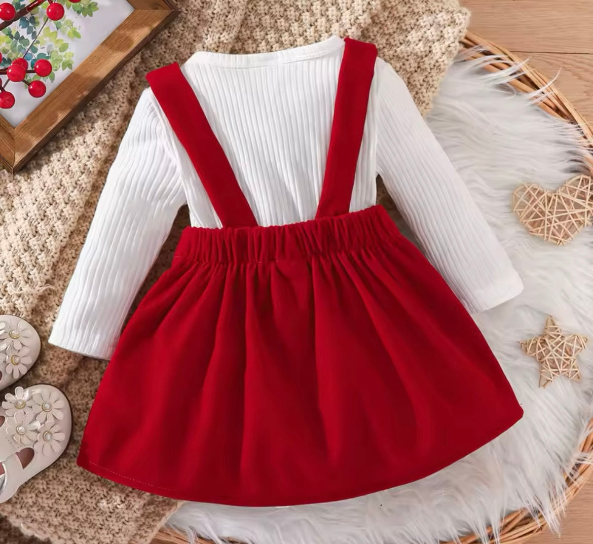 Christmas Red Velvet Bow Suspender Dress With White Onesie