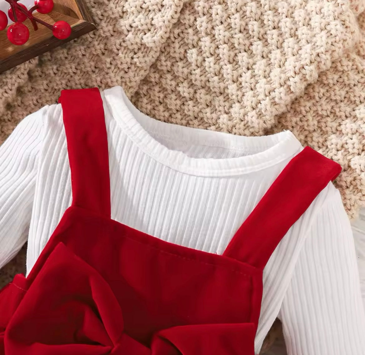 Christmas Red Velvet Bow Suspender Dress With White Onesie