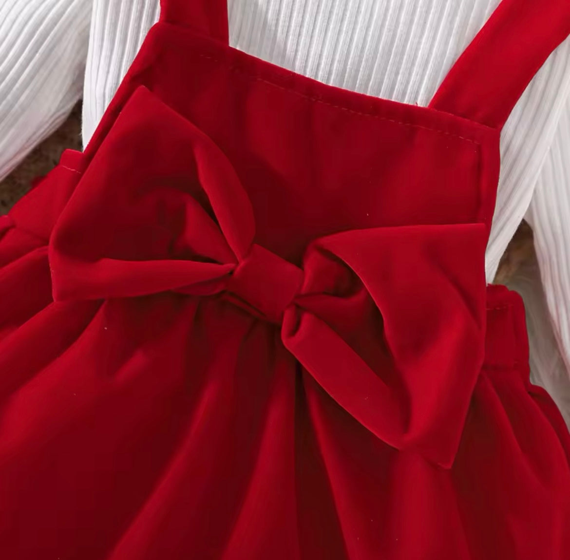 Christmas Red Velvet Bow Suspender Dress With White Onesie