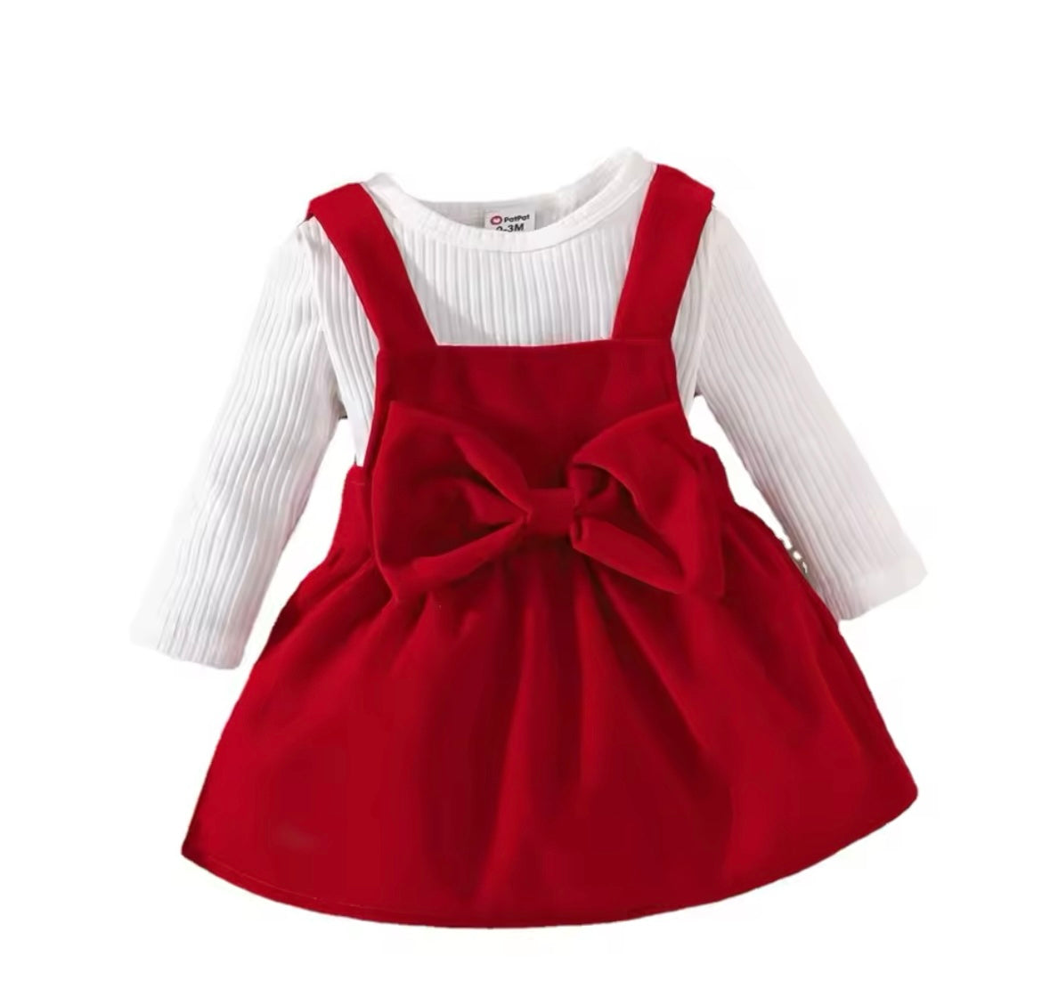 Christmas Red Velvet Bow Suspender Dress With White Onesie