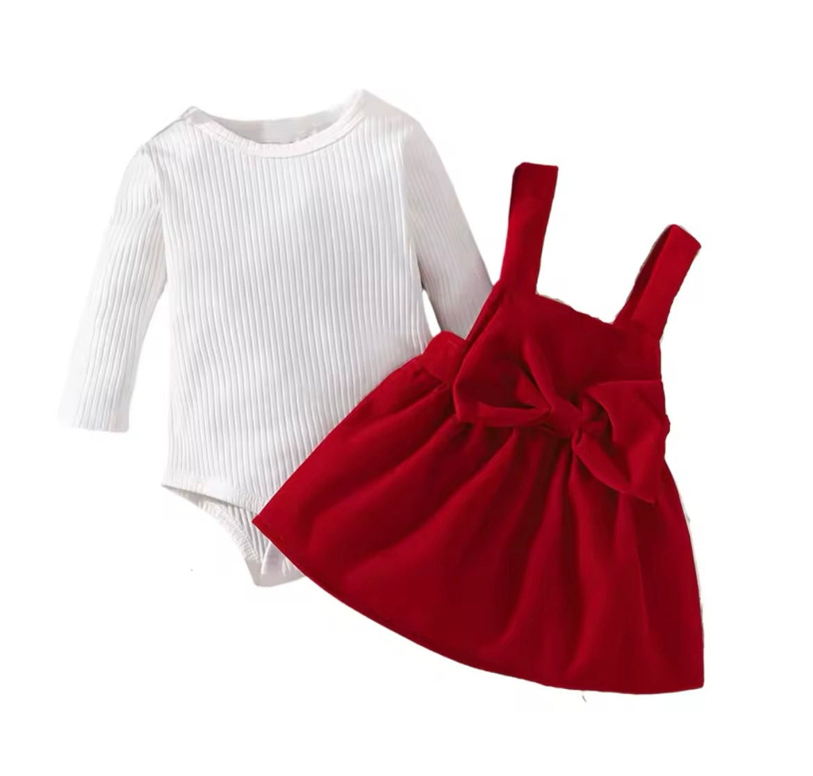 Christmas Red Velvet Bow Suspender Dress With White Onesie