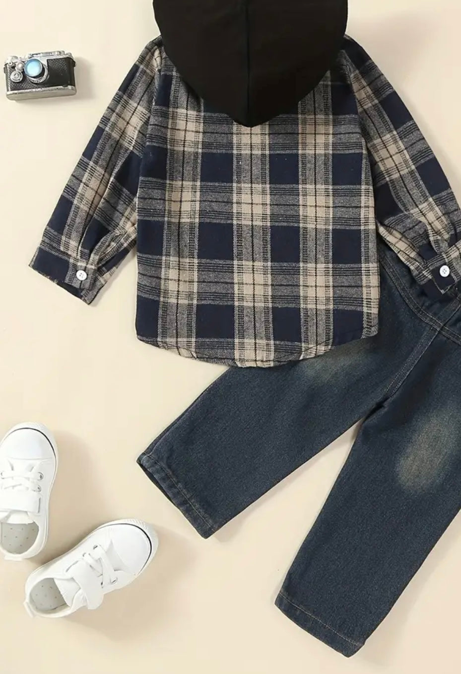 Plaid Hooded Jacket & Distressed Jeans Set