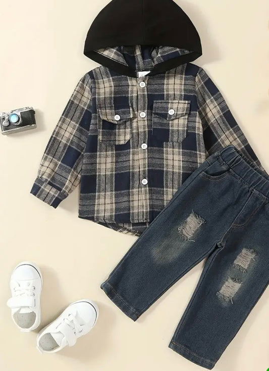 Plaid Hooded Jacket & Distressed Jeans Set