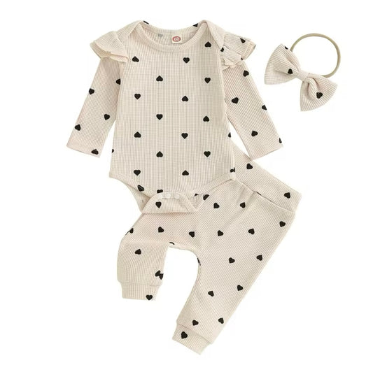 Baby Cream with Black Hearts Set & Matching Headband