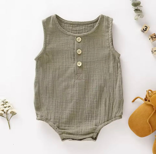 Boy Grey Green Muslin Sleeveless Romper