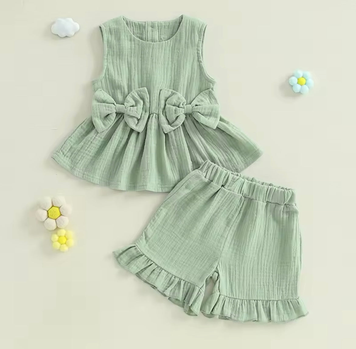 Girl Summer Muslin Bow Tank Top & Elastic Waist Ruffled Shorts Set