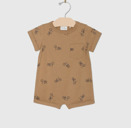 Boys Short Sleeve Rust Bike Print Romper