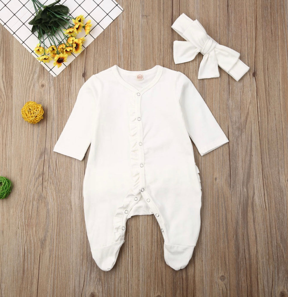 Baby Girl White Ruffle Sleeper with Matching Bow and Long Sleeves