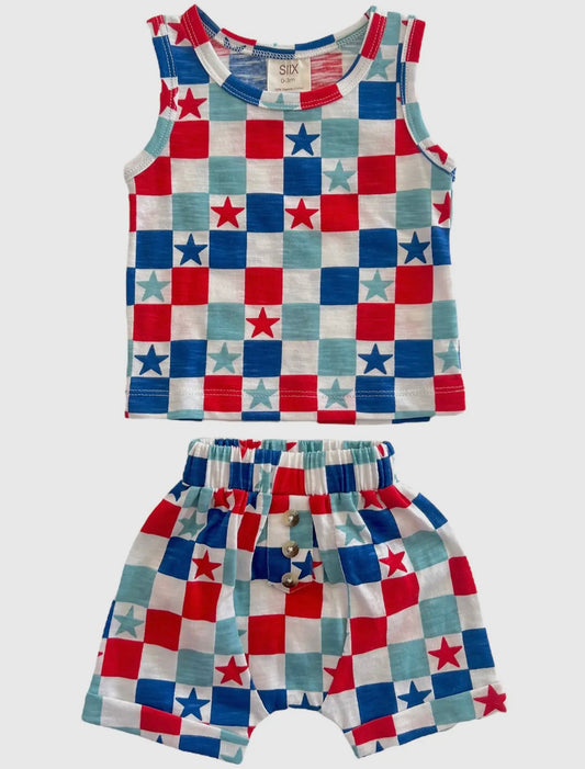 Red, White & Blue Checkerboard Tank & Short Set