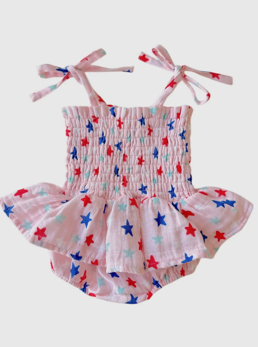 Stars Pink Muslin Smocked Bubble with Skirt