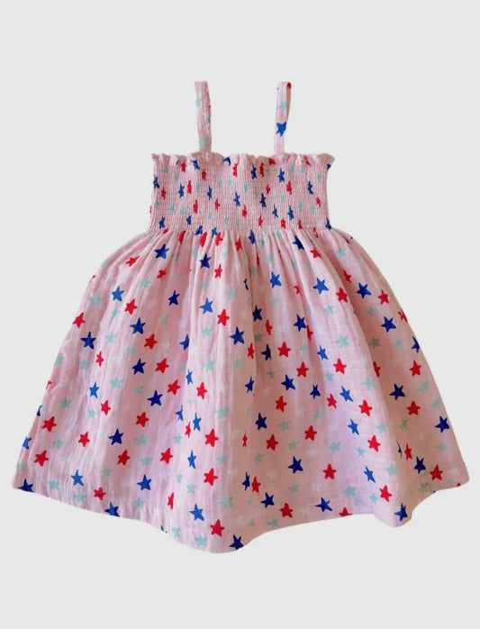 Stars Pink Muslin Smocked Tube Dress