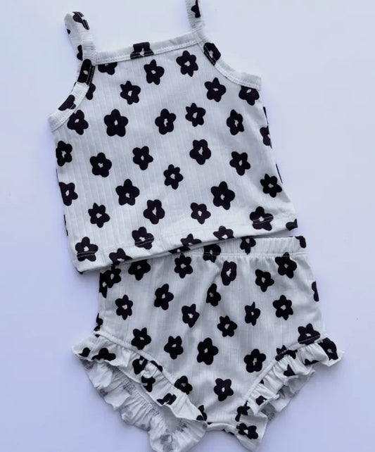 Girl White with Black Flowers Top & Bloomer Set
