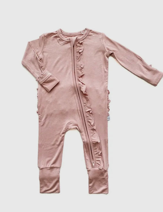 Girl Bamboo Ruffle Dusty Pink Zipper Sleeper