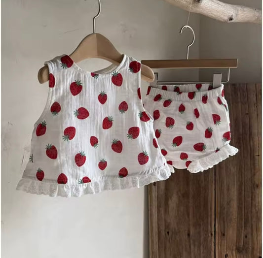 Girl Summer Strawberry Short Set