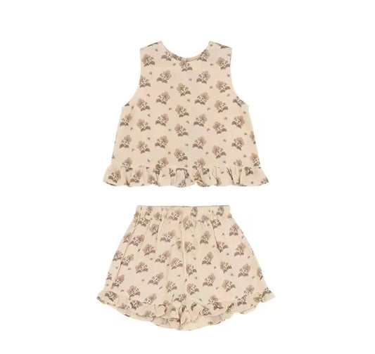 Girl Ruffle Sleeveless Cream Floral Summer Set