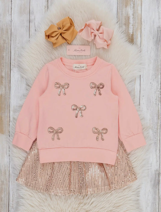 Pink Sparkle Bow Sweatshirt & Sequin Skirt Outfit