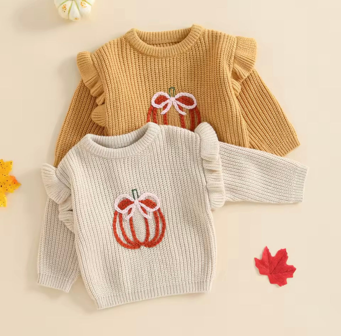 Girl Fall Pumpkin Embroider Ruffle Sweater