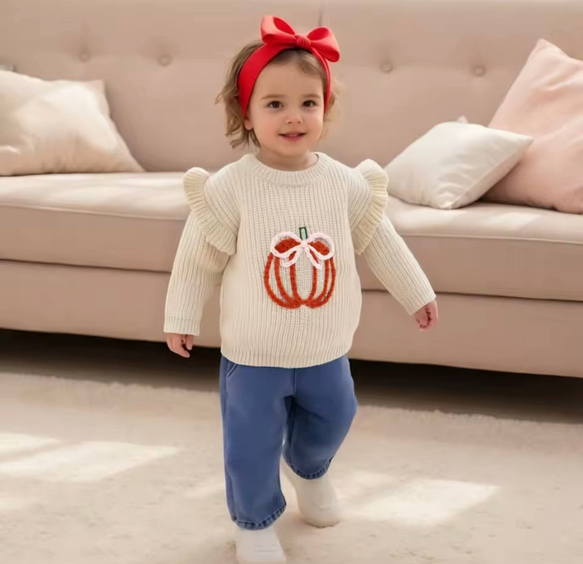 Girl Fall Pumpkin Embroider Ruffle Sweater