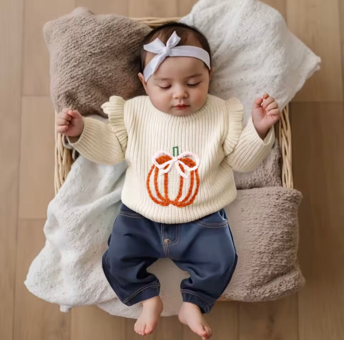 Girl Fall Pumpkin Embroider Ruffle Sweater