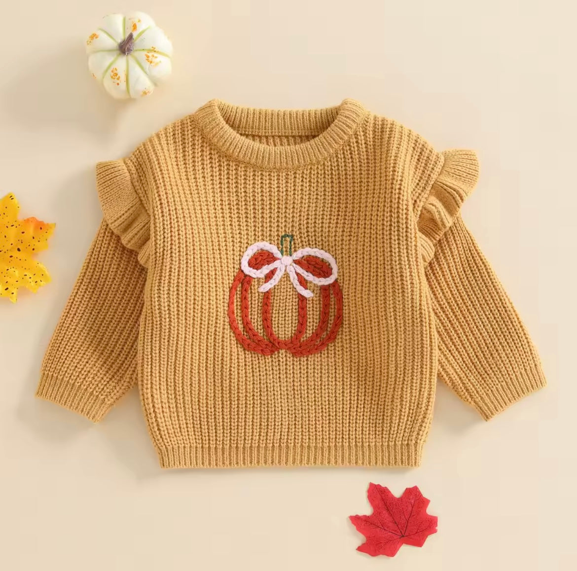 Girl Fall Pumpkin Embroider Ruffle Sweater