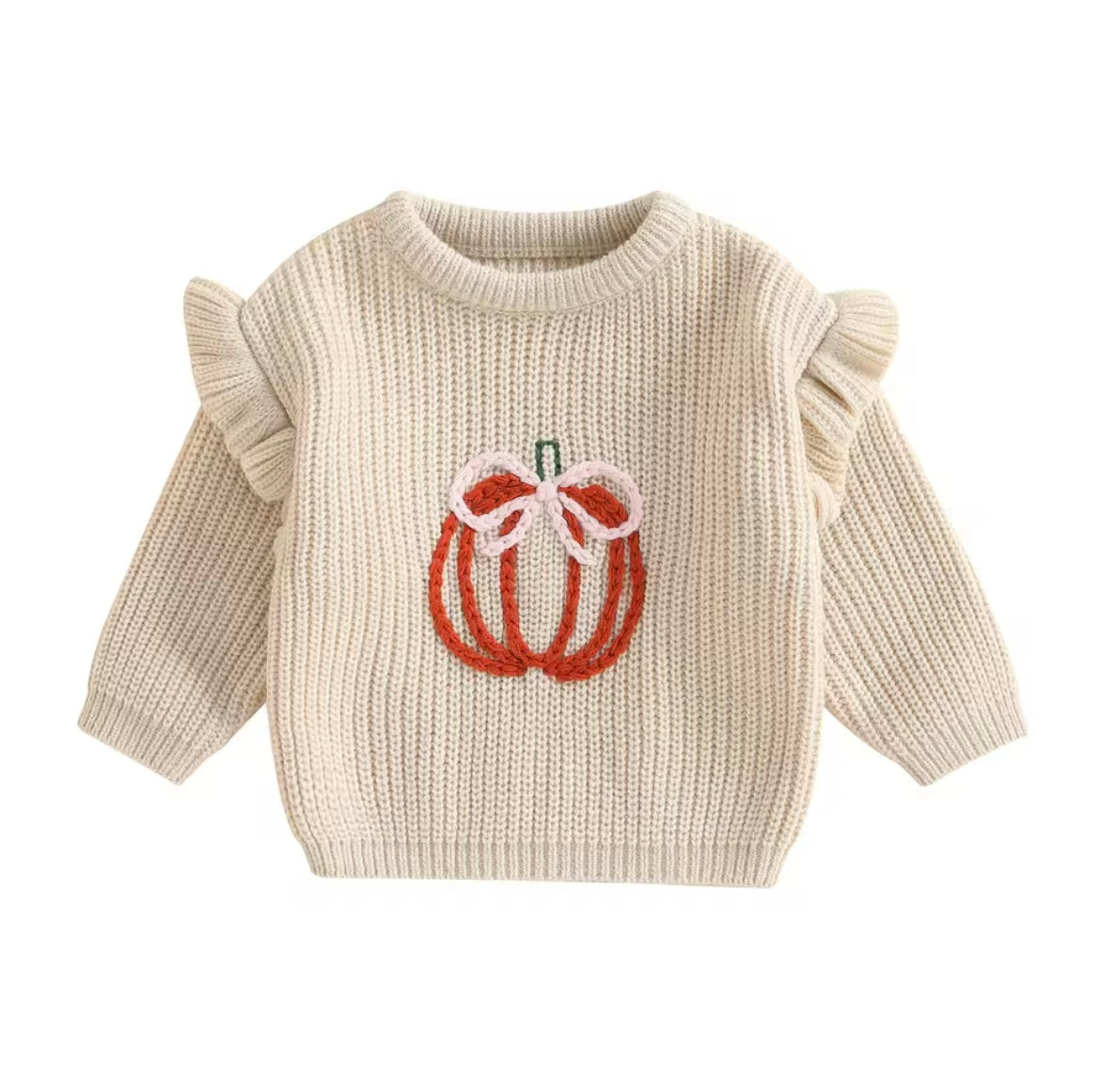 Girl Fall Pumpkin Embroider Ruffle Sweater
