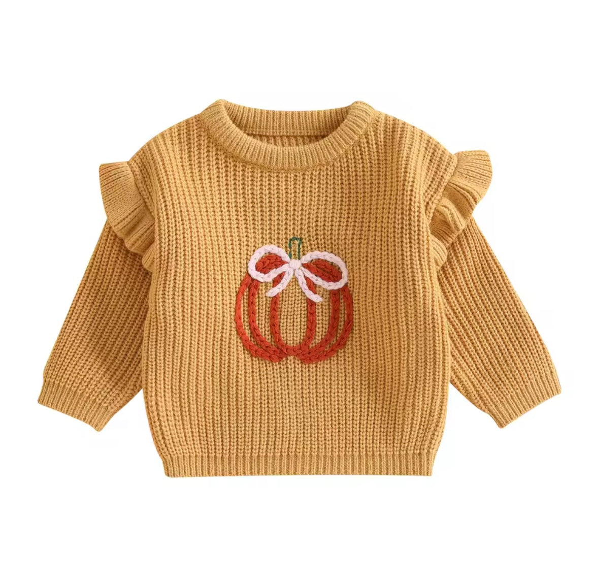 Girl Fall Pumpkin Embroider Ruffle Sweater