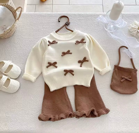 Girl Cream Knit Bow Sweater & Rust Bell Bottoms Set