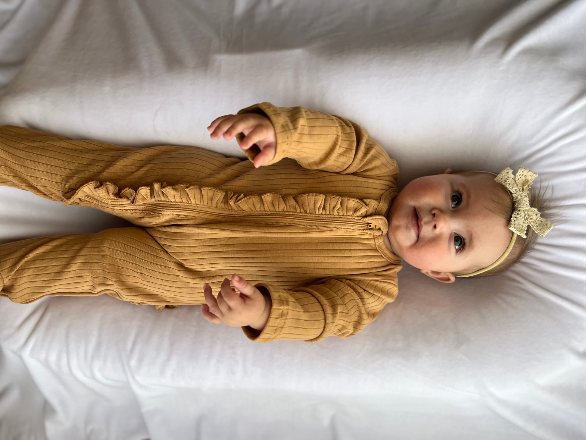 Baby Girl Tan Ribbed Ruffle Sleeper with zipper