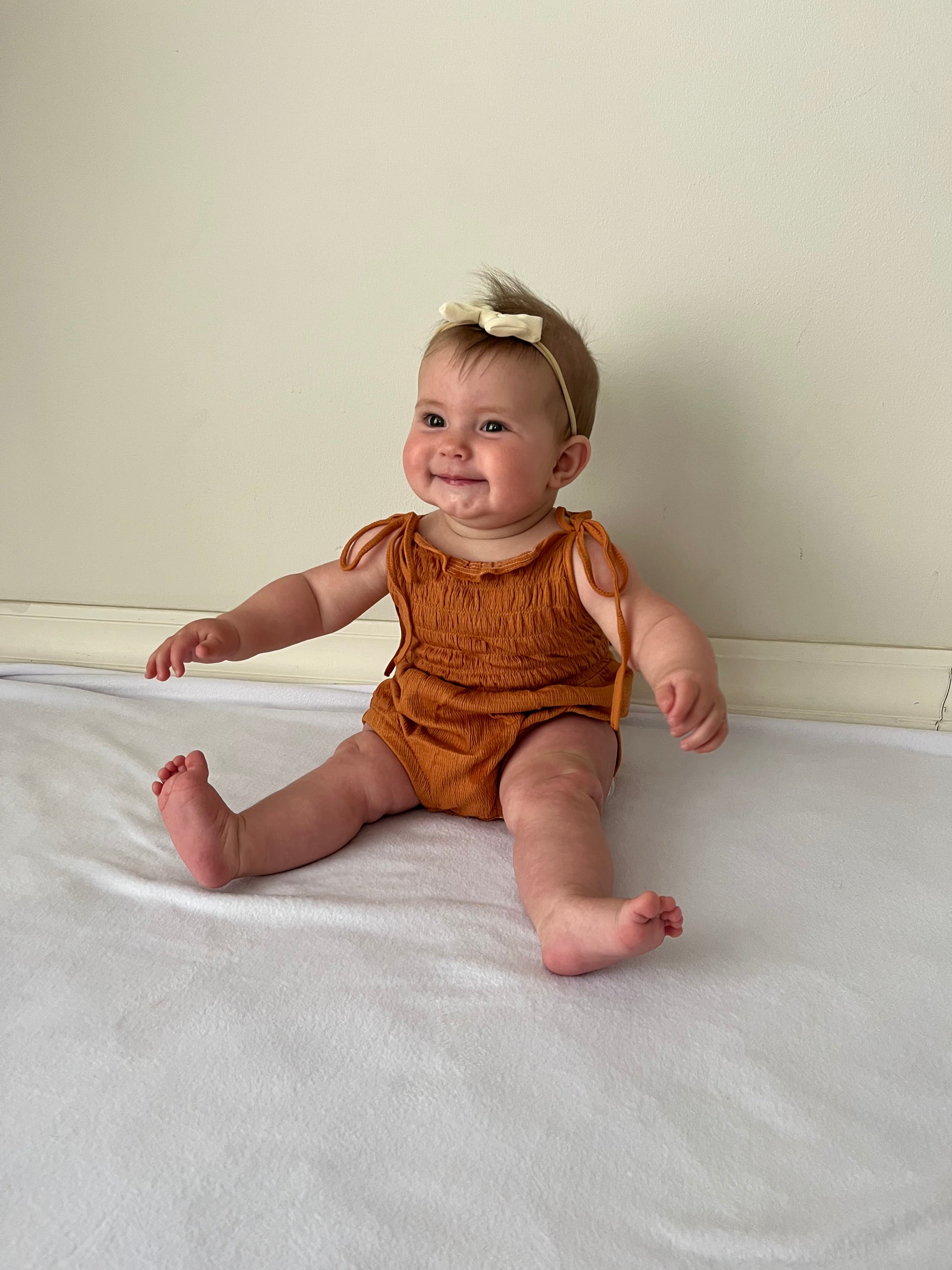 Baby Girl Rust Cotton Bubble Romper with Shoulder Ties and Snaps