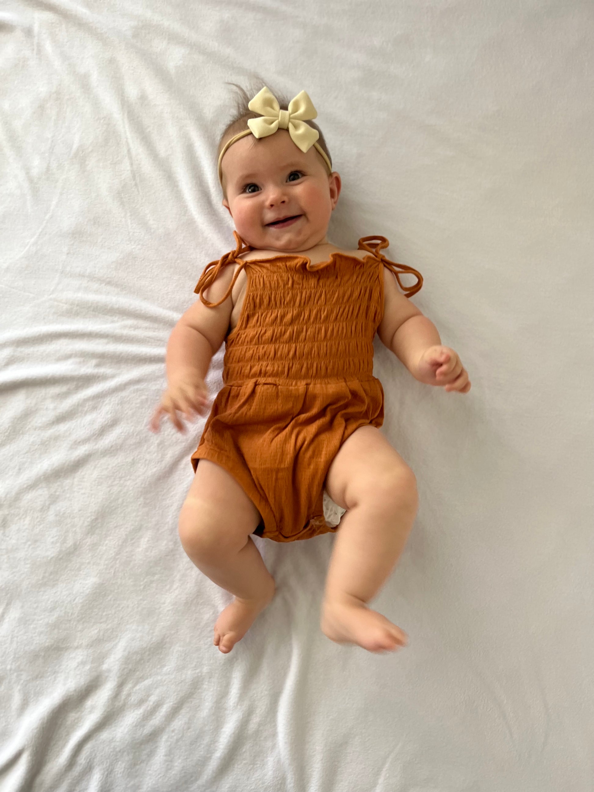 Baby Girl Rust Cotton Bubble Romper with Shoulder Ties and Snaps